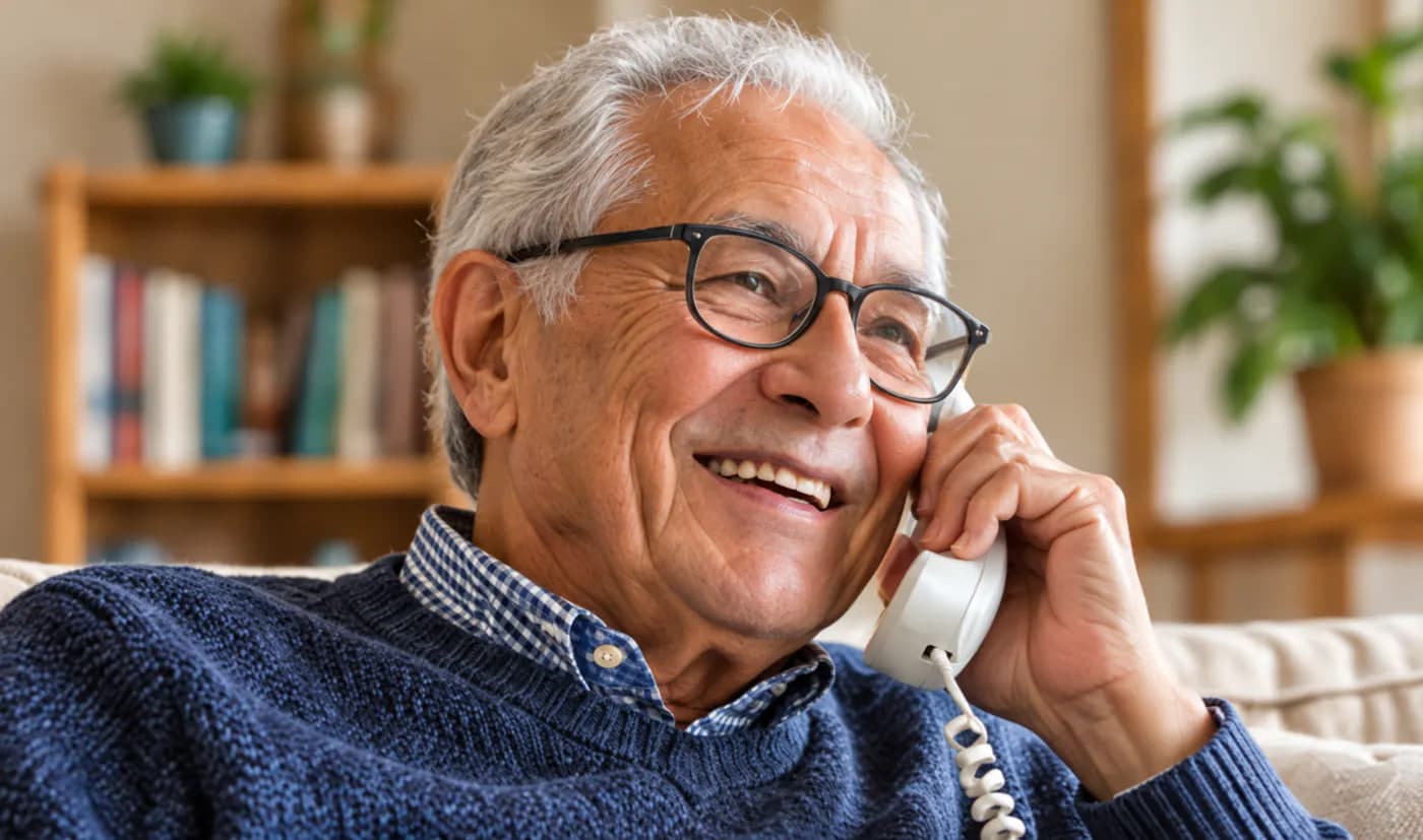 Senior man with glasses laughing on a corded landline phone during a live AyaCall check-in call