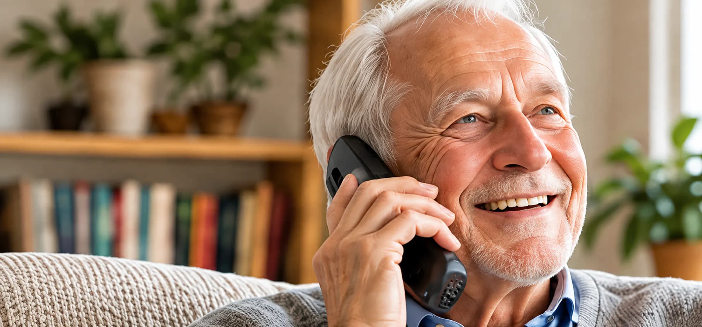 Senior man on his sofa smiling as he talks on a mobile phone during his daily check-in call